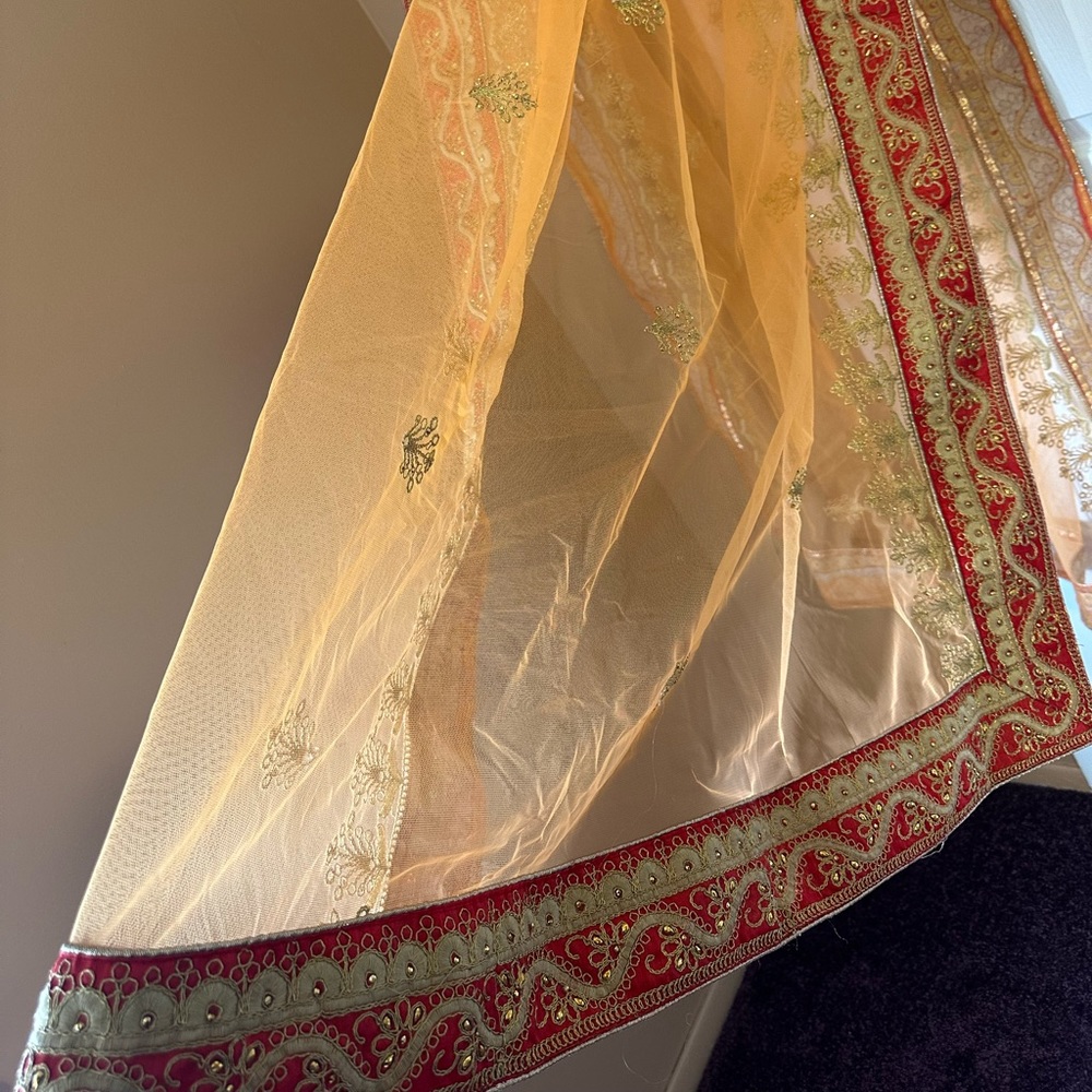 Orange And Red Net Dupatta With Gold Thread-Work … - image 3